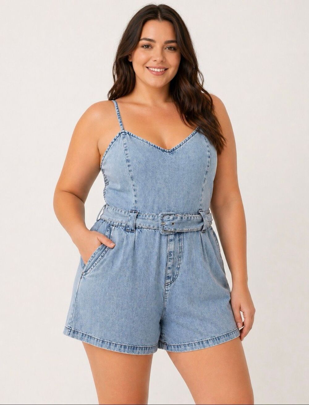 Show Me Your Mumu Sloane Dusk Blue Denim Belted Romper NWT XL